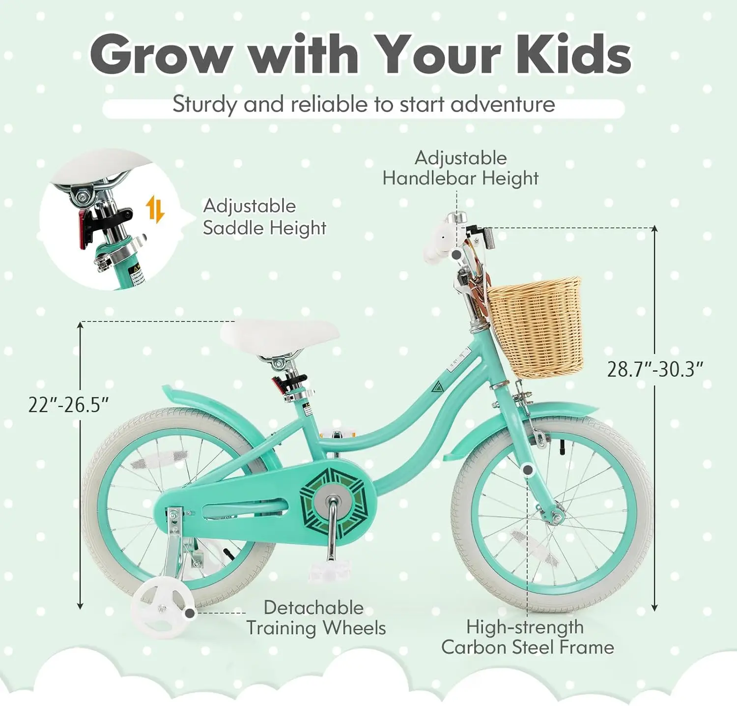 دراجة أطفال، دراجة أطفال مقاس 14 16 18 بوصة مع عجلات تدريب، سلة، مقعد قابل للتعديل ومقود، فرامل يدوية وكوستر، جرس، fo