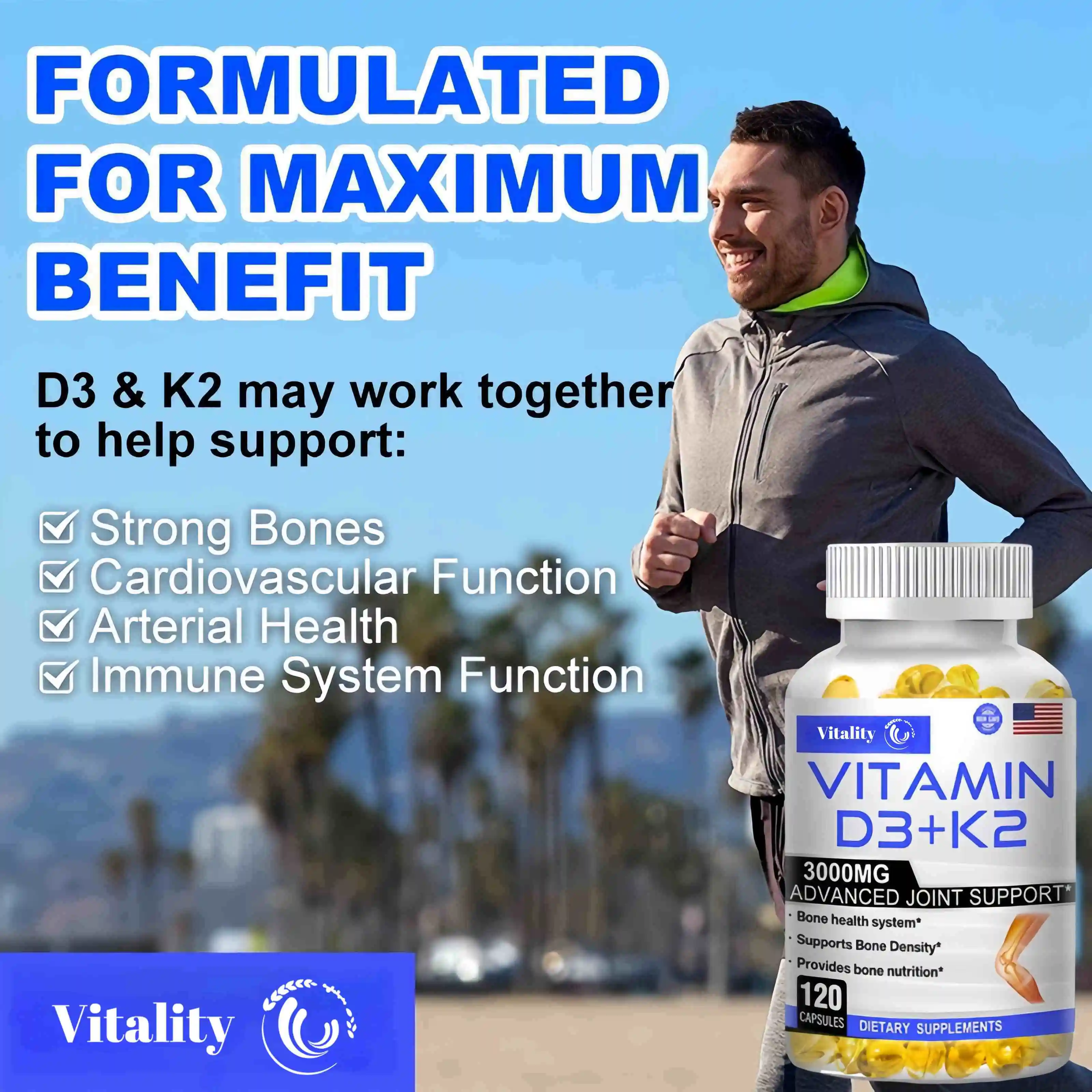 D3+K2 Vitamin Capsules Helps Promote Bone Heart Immune Health Non-GMO formula Protects The Heart and Supports Immunity