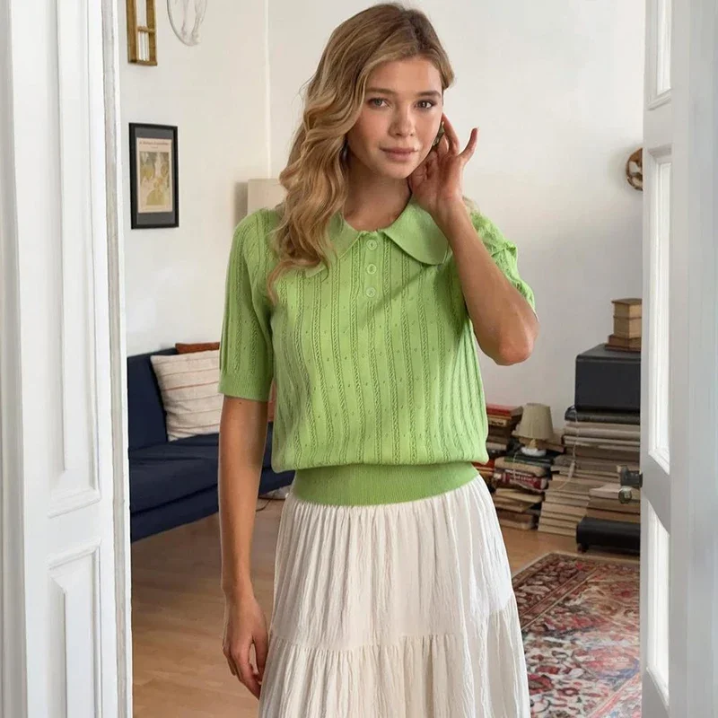 

Hollow Short Sleeve Knitted T Shirt For Women Lapel Casual Solid Top Pullover 2025 New Summer Fashion Female T shirt