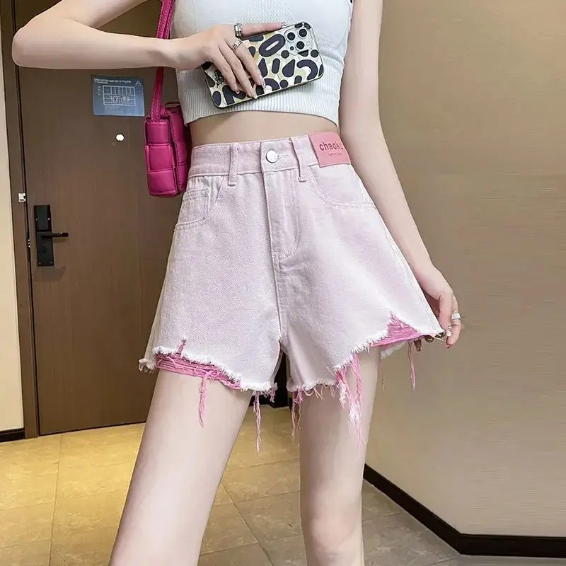 

Short Jean Pants Woman Kawaii Cute Fringe Wide Ripped Pink Denim Shorts for Women Aesthetic Japanese 2000s Style Cheap Low Price