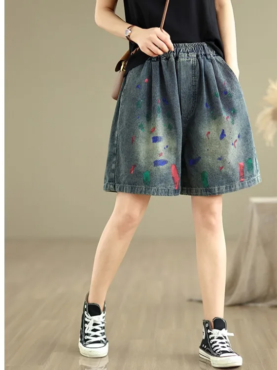 

Художественные джинсовые леггинсы с эффектом выцветания, ручная роспись, эластичный пояс, свободный крой, брюки-капри для женщин больших размеров