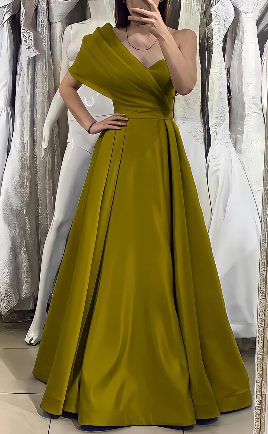 Elegant Satin One-Shoulder Evening Gowns With Pockets Sweetheart A-line Pleat Cocktail Dresses Luxury Ruffles Floor-Length Dress