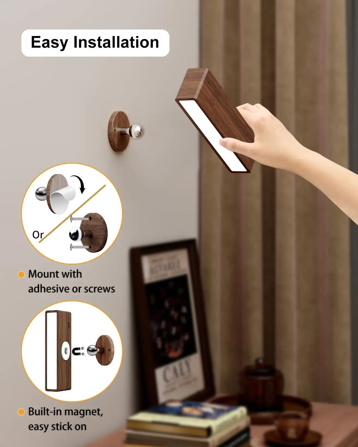 Solid Black Walnut Wall Sconces Wireless LED Wall Mounted Bedside Reading Lamps Dimmable Battery Powered Night Light for Bedroom