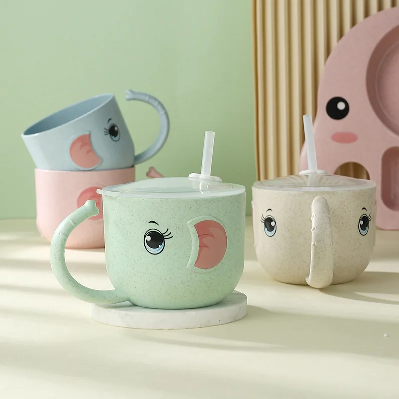 

Baby Feeding Bottle Kids Cup Silicone Sippy Children Leakproof Drinking Cups Cartoon Infant Straw Handle Wheat-Straw kids cup