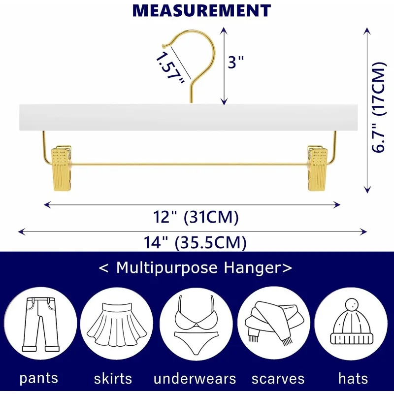 24 Pack White Wooden Pants Hangers with Gold Clips, Wood Skirt Hangers Trouser Hangers with Gold Hook for Jeans, Slacks, Shorts