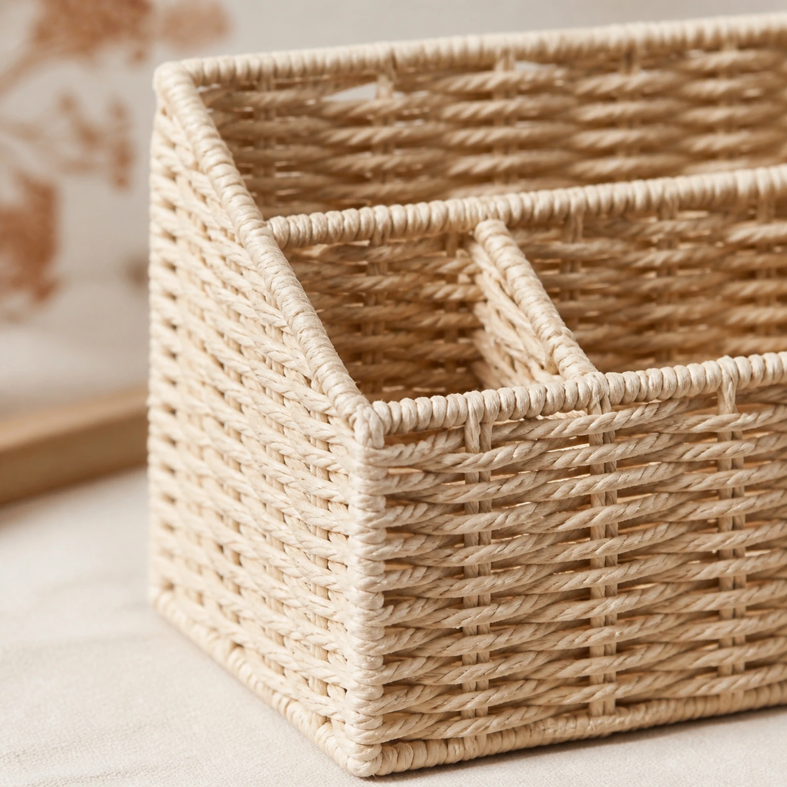 Woven Paper Rope Desk Basket Open Top Desktop Organizer with Divided Front Compartments Desktop Storage Basket Lightweight
