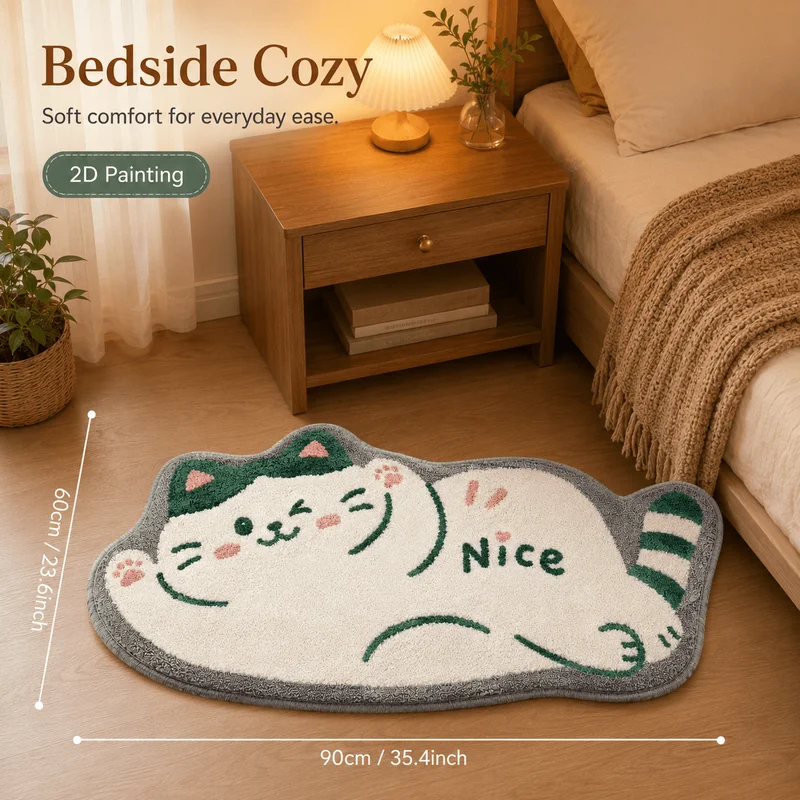 VIKAMA Cute Cat Rug (Lying on Its Back), Odd-Shaped Bedroom Bedside Rug, Non-Slip Bathroom Mat, Home Decor