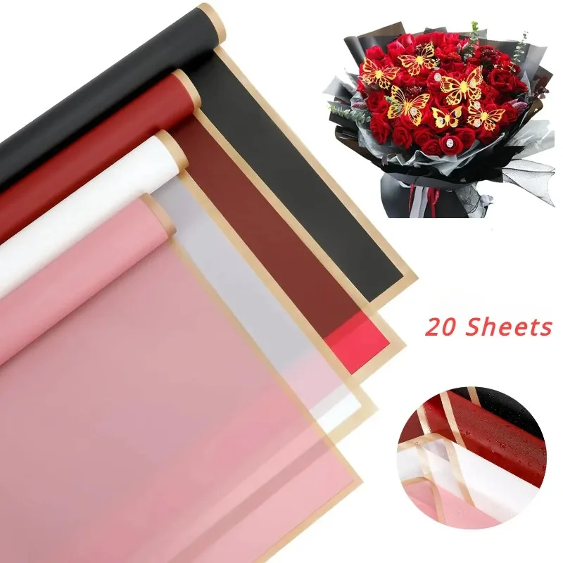 2024 New 20 Sheets Flower Wrapping Paper Golden Border Rose Korean Style Half Transparent Gift Packing Florist Bouquet Wrapping