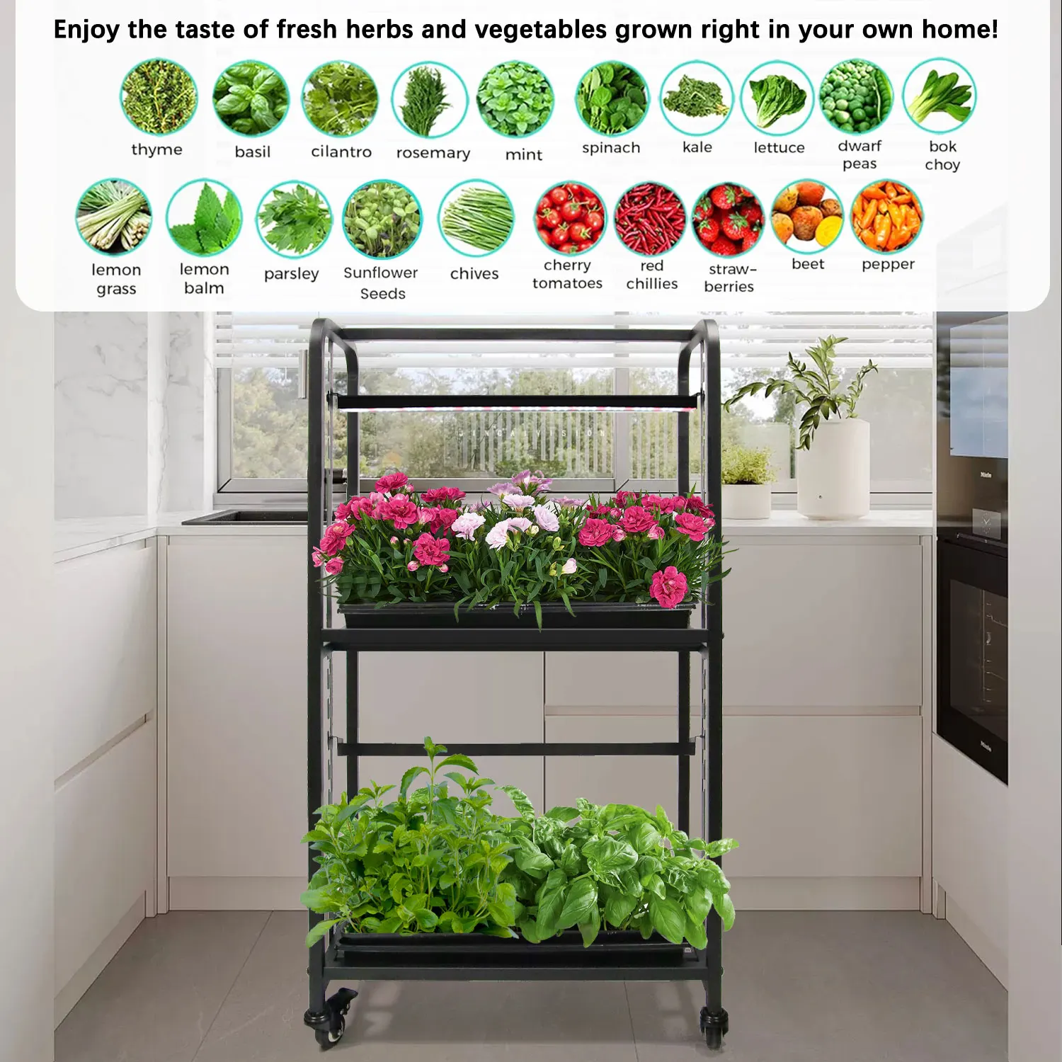EDKFARM Smart Iron Indoor Gardening System LED Grow Light Herbs Planter Kit with Movable Wheels Adjustable Height for Home