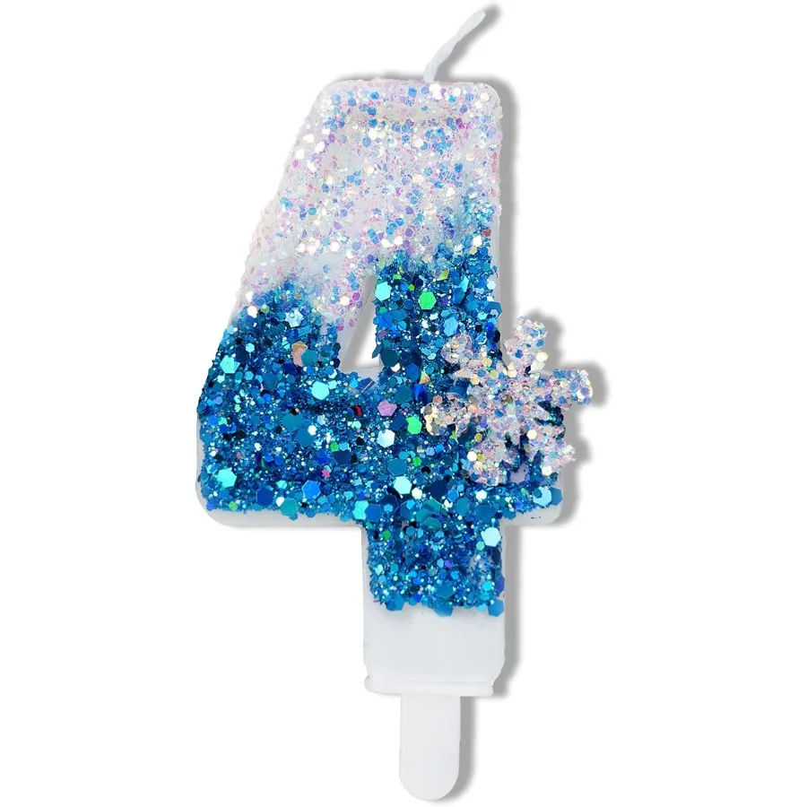 Velas de cumpleaños azules 4 velas de cumpleaños con purpurina azul y blanca número 4 con suministros para fiestas de copos de nieve