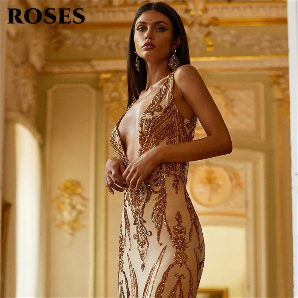 ROSES-Robe de Soirée Sirène en Dentelle Pailletée, Col en V Plongeant, Sexy, Dos aux, Balayage Traîne