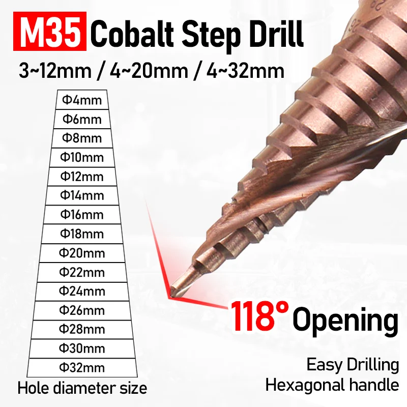 Imagem -02 - Cobalto Passo Broca Stepper Cone Hss co Aço de Alta Velocidade Hex Shank Ferramenta de Broca de Metal Hex Shank Hole Cutter M35