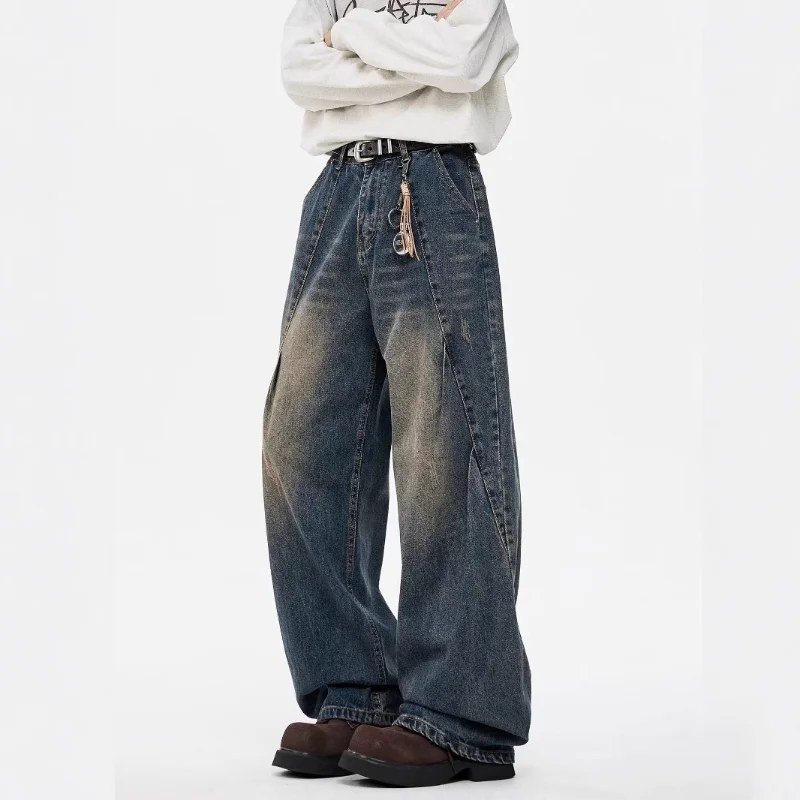 

Trendy Street Style Washed Pleated Machete Jeans Unisex American Wide Leg Loose Straight Leg Casual Trousers