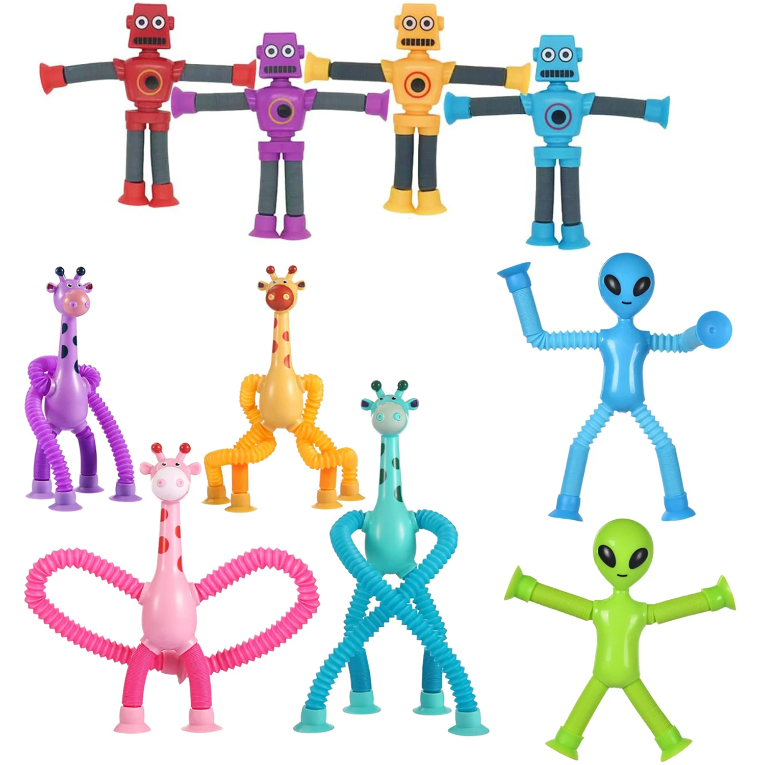 4PCS Children Suction Cup Toys Pop Tubes Stress Relief Telescopic Giraffe Robot Decompress Sensory Party Toy (Random color)