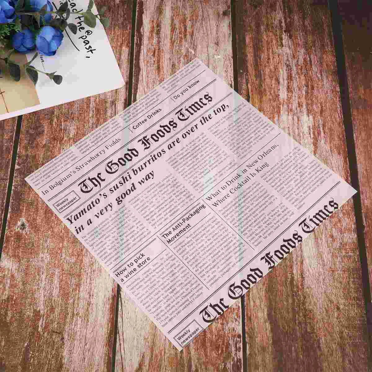 50 Pcs Simulation Newspaper Style Food Basket Liners Disposable Bread Wrapping Tissue Newsprint Baking Paper Sheets (White)