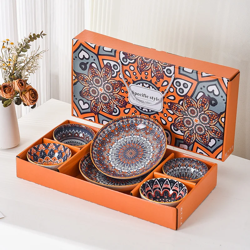 

Ceramic Bowl Plate Set Cross Border Underglaze Tableware Gift Box High Value Rice Bowl Dinnerware