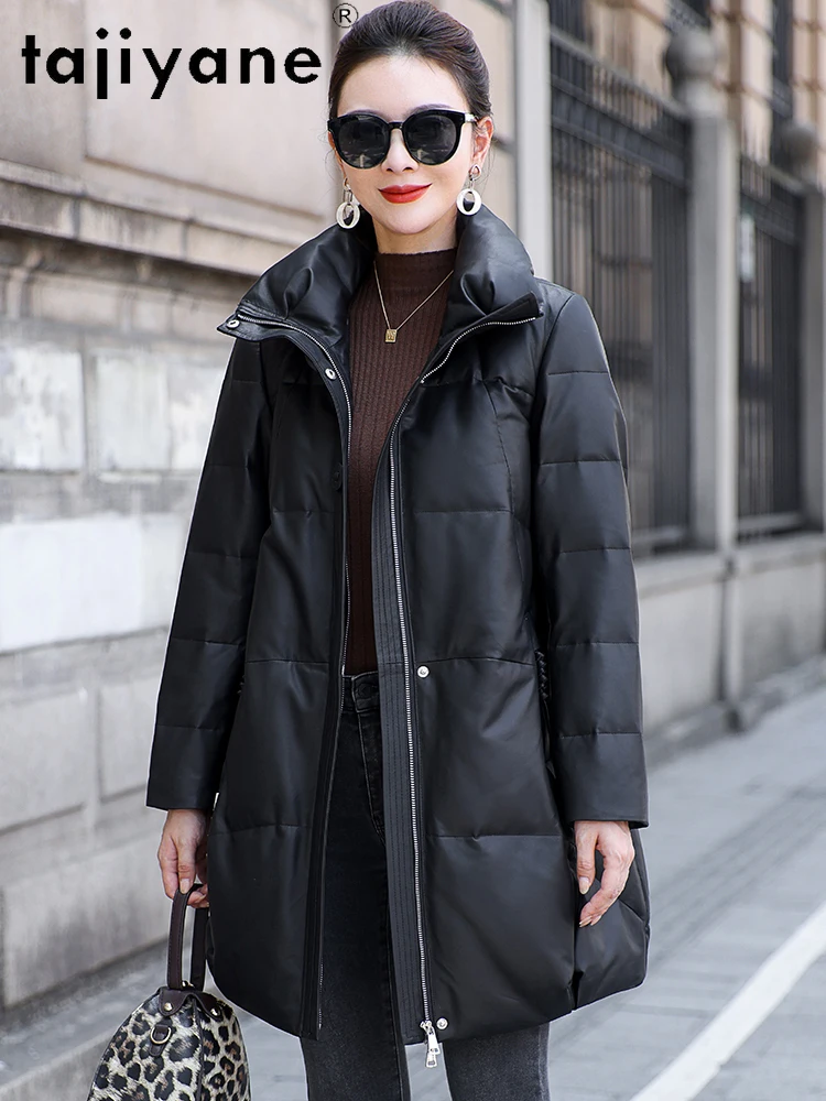 TAJIYANE 100% سترة منتفخة من جلد الغنم للنساء قسط الأبيض بطة أسفل معاطف سترات من الجلد الطبيعي 2025 ملابس امرأة الشتاء 신상 Notiitet