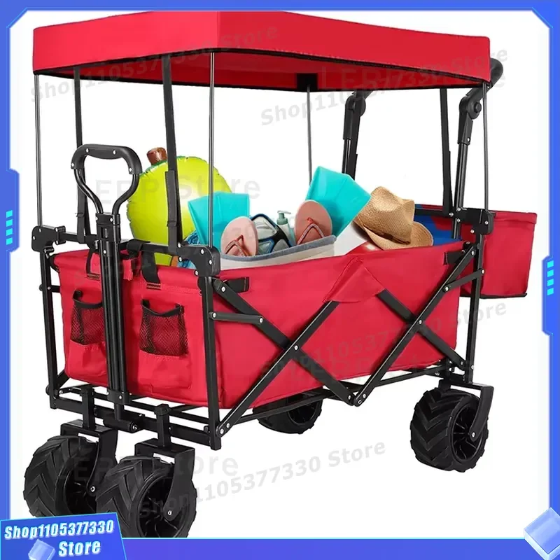 Folding Shopping Cart 150kg Capacity Heavy Duty Utility Wagon With Large Wheels And Canopy For Outdoor Heavy Duty Folding