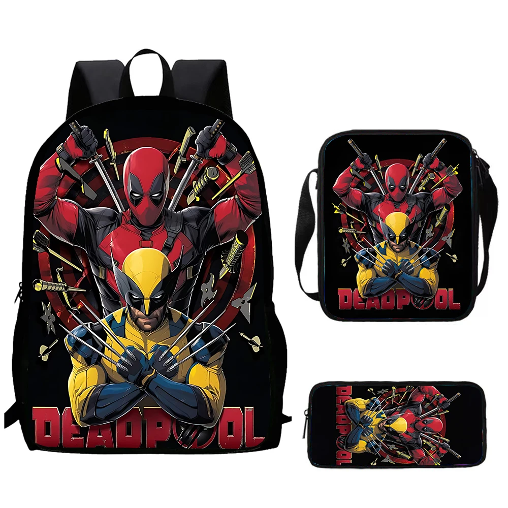 Movie Deadpools Child School Backpack with Shoulder Bags,Pencil Bags,Superhero Cartoon SchoolBags for Boys Girls Kids Bookbags