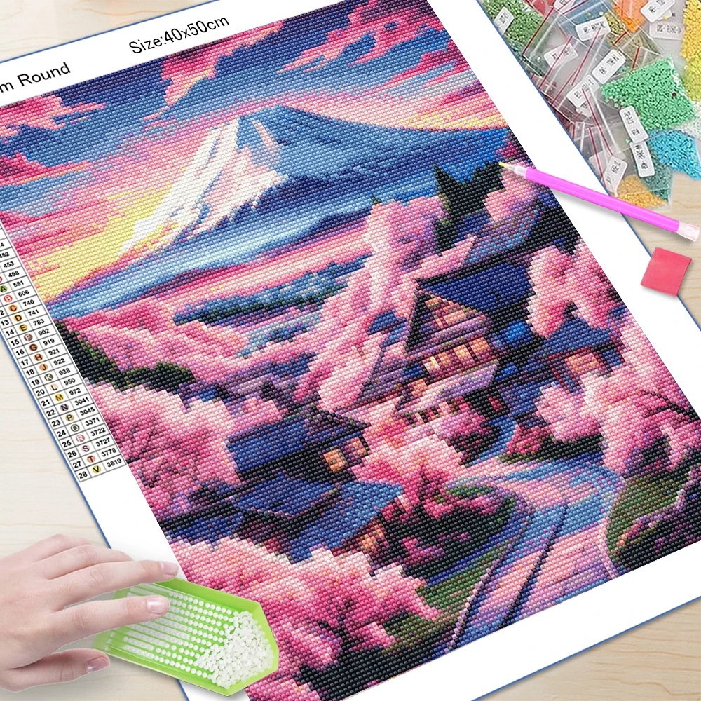 Mount Fuji Cherry Blossom Diamond Painting DIY Hobby Mosaic Cross Stitch Set Home Bedroom Living Room Wall Art Decoration