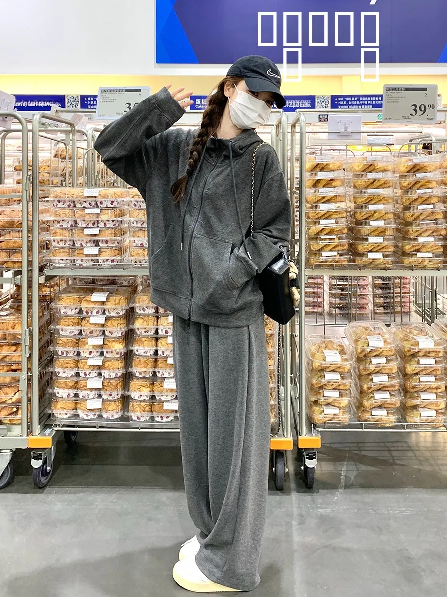 

ey Casual Hooded Sport Open Cardigan Sweatirt Set Women Early Spring Autumn New Wide Leg Pants Two Piece Set