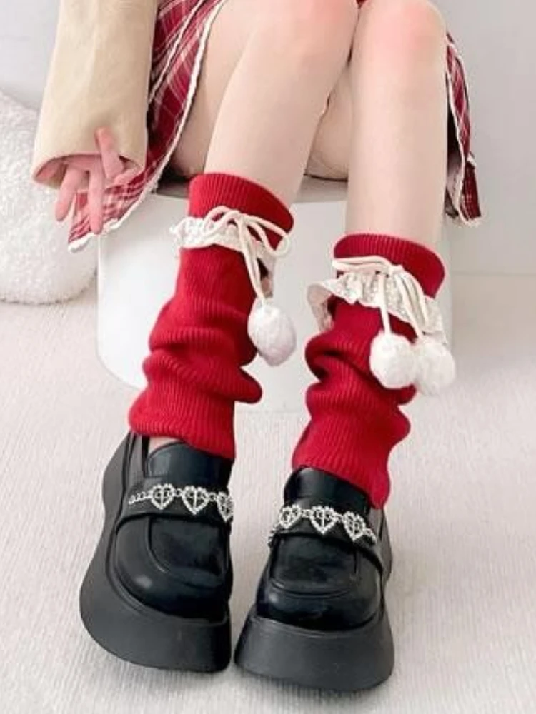 

Women's Red Cute Pom-pom Ankle Warmer Lolita Lace JK Stacked Leg Warmers Autumn/Winter Knitted Folded Edge Socks Christmas Gifts