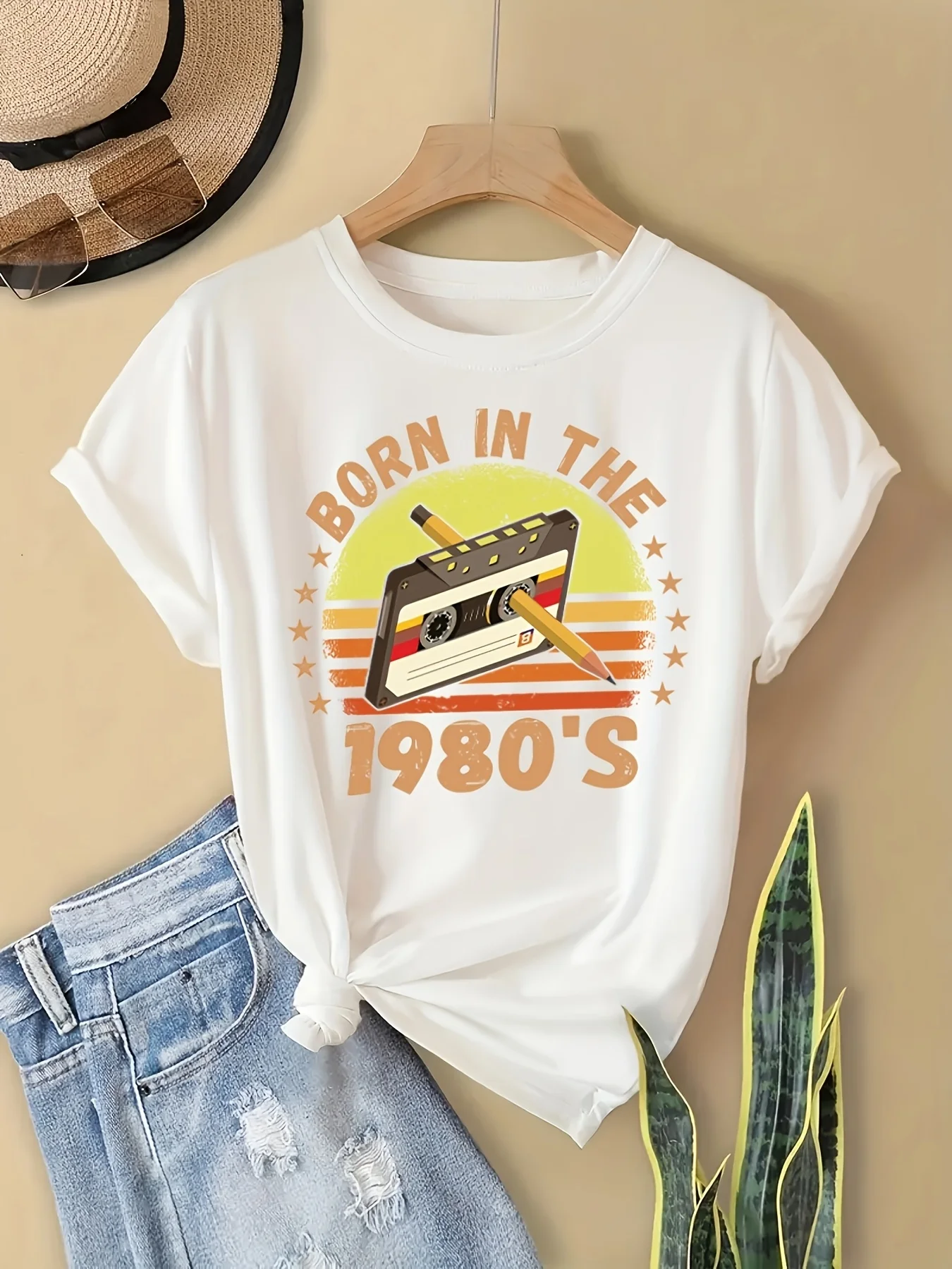 Y2K Retro Women Graphic Tees, Classic Old Cassette Tape & 1980s Born Slogan Printed Round Neck Soft Short Sleeve Casual T Shirts - view 2