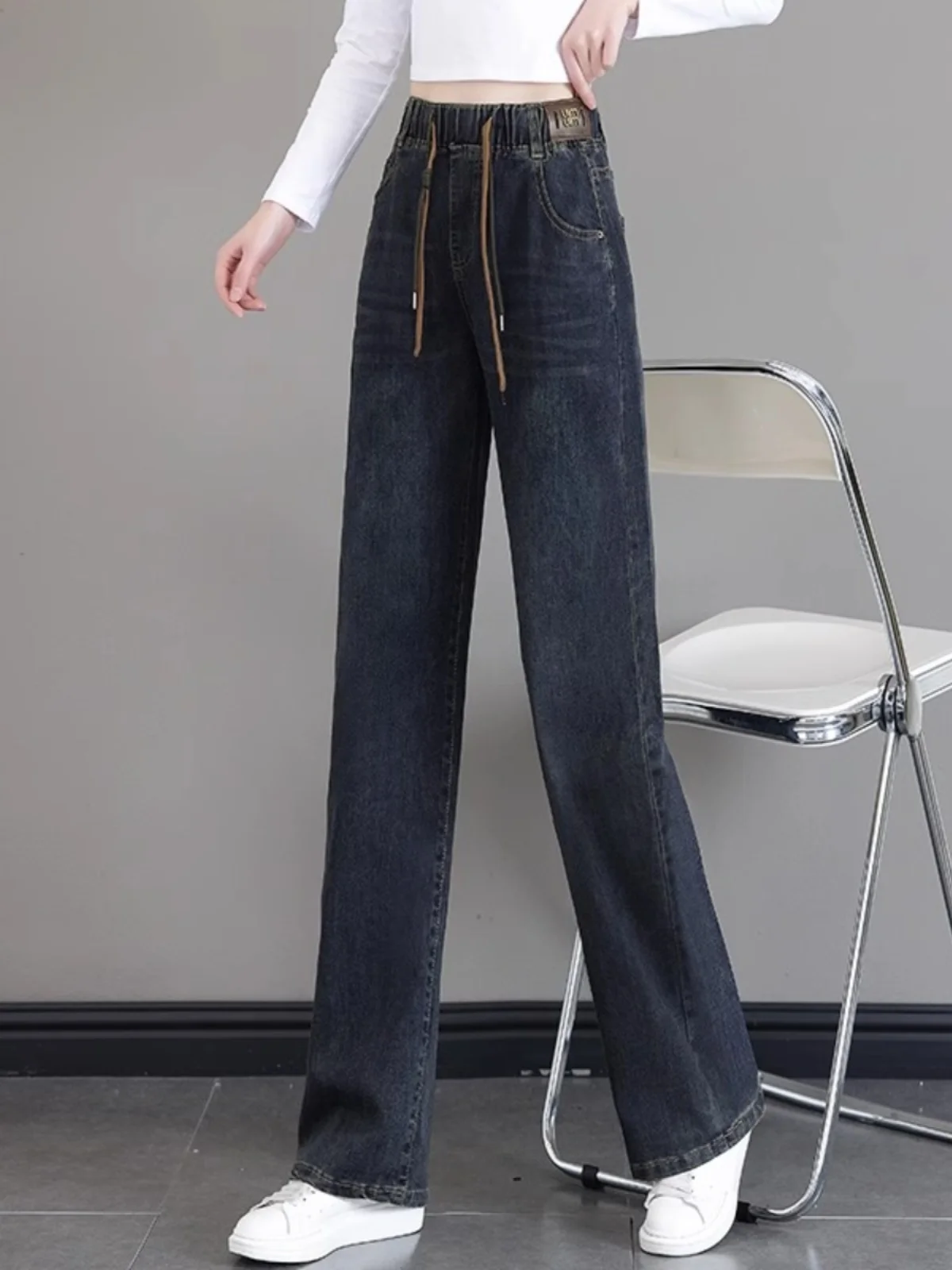 

High Waist Straight Leg Jeans Women's Elastic Waist Loose Slimming Small Size Spring Faion Narrow Version Wide Leg Pants