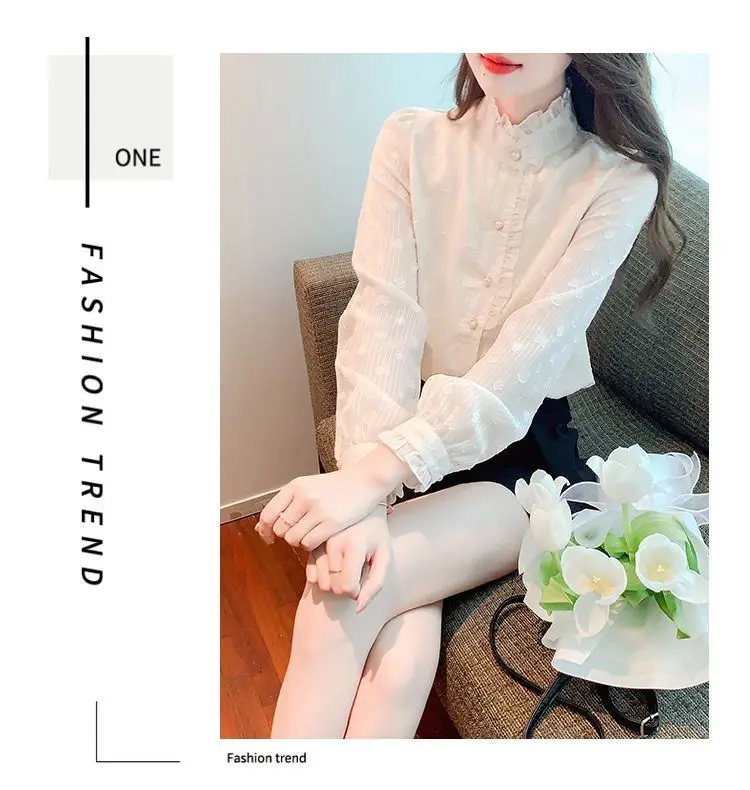 French Collar Chiffon Shirt for Women Fashionable and Stylish Beautiful Shirt with Long Sleeves as the Base and Top