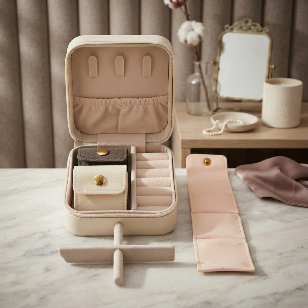 Microfiber Mini Compartment Portable Jewelry Box Travel Light Luxury Portable Small Jewelry Bag Earrings Jewelry Storage box