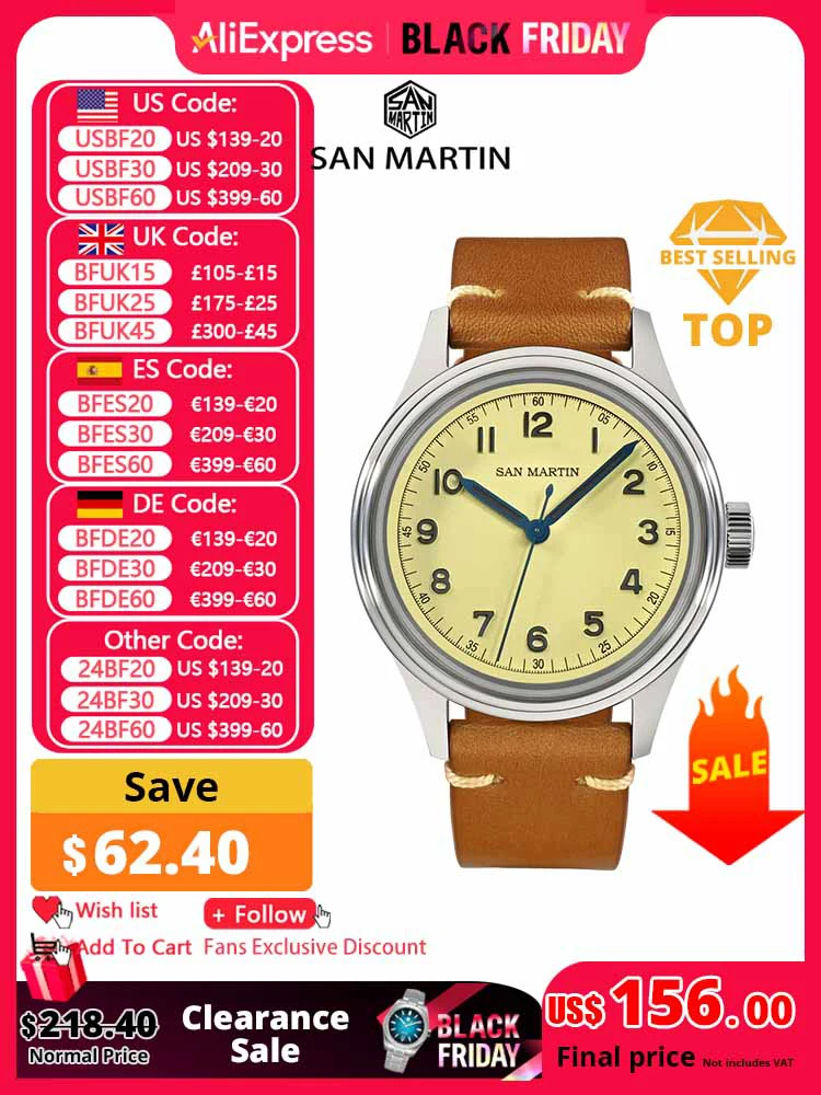 San Martin 38.5mm Vintage Pilot NH35 Military Style Simple Men Automatic Mechanical Wristwatch Sapphire 10Bar Leather Strap