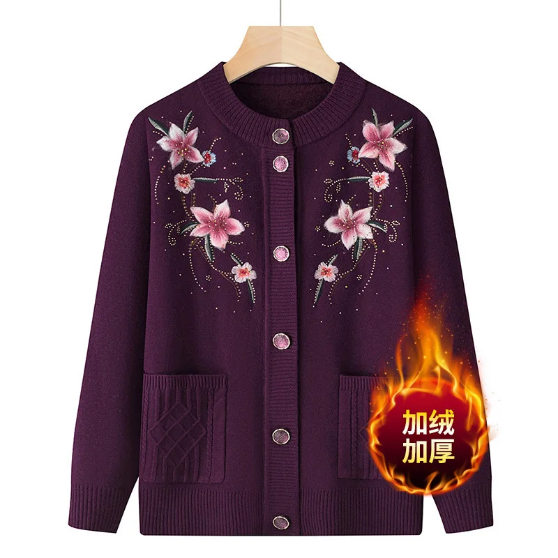 Neue Herbst Winter Oma Plus Samt Pullover Mantel Warme Mutter Mittleren Alters Gestrickte Pullover Bestickte Strickjacke Top für Frauen