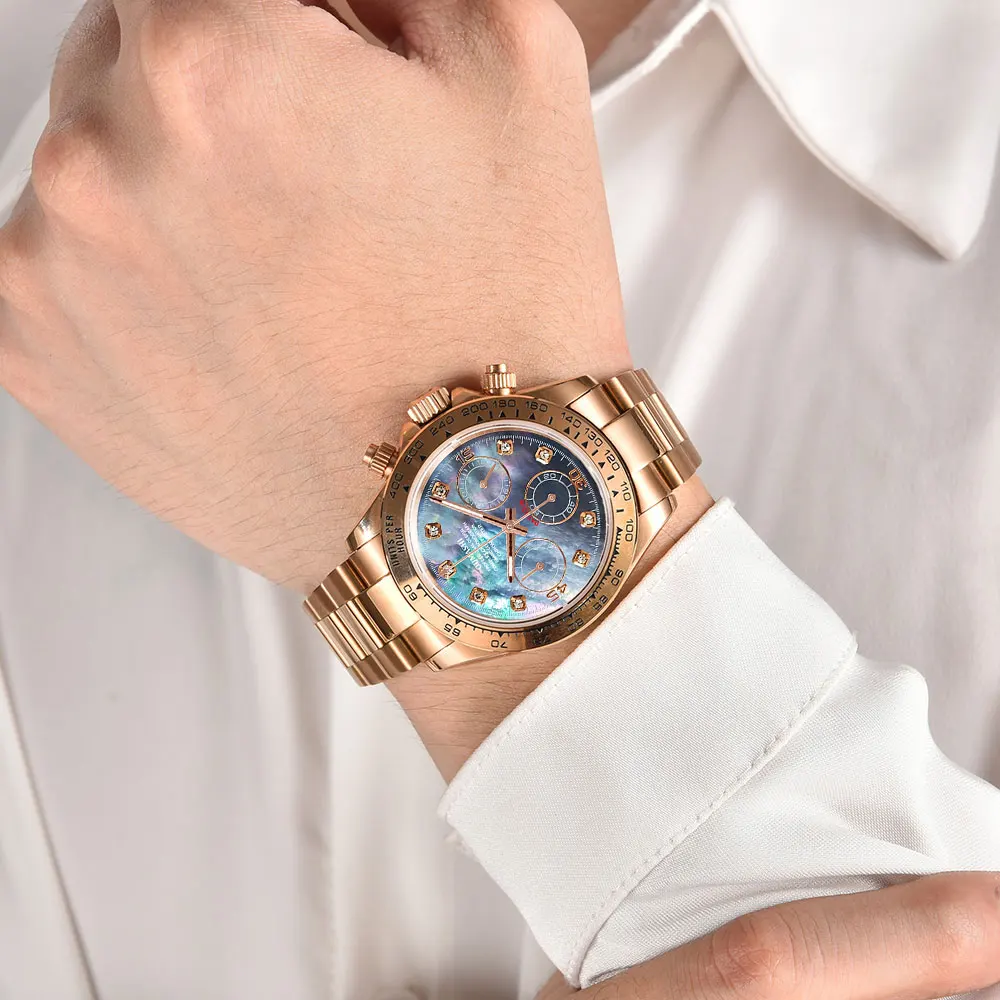 Reloj de pulsera para hombre de oro rosa de 39mm, movimiento VK63, cronógrafo de cuarzo, cristal de zafiro, caucho, reloj de pulsera personalizado de lujo para hombres de negocios