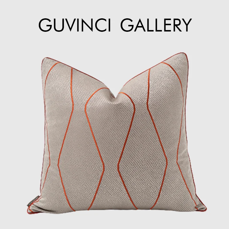 

GUVINCI GALLERY Orange Gray Square Throw Pillow Cover Modern Simple Weave Lines Geometry Embroidery Cushion Case Chic Home Decor