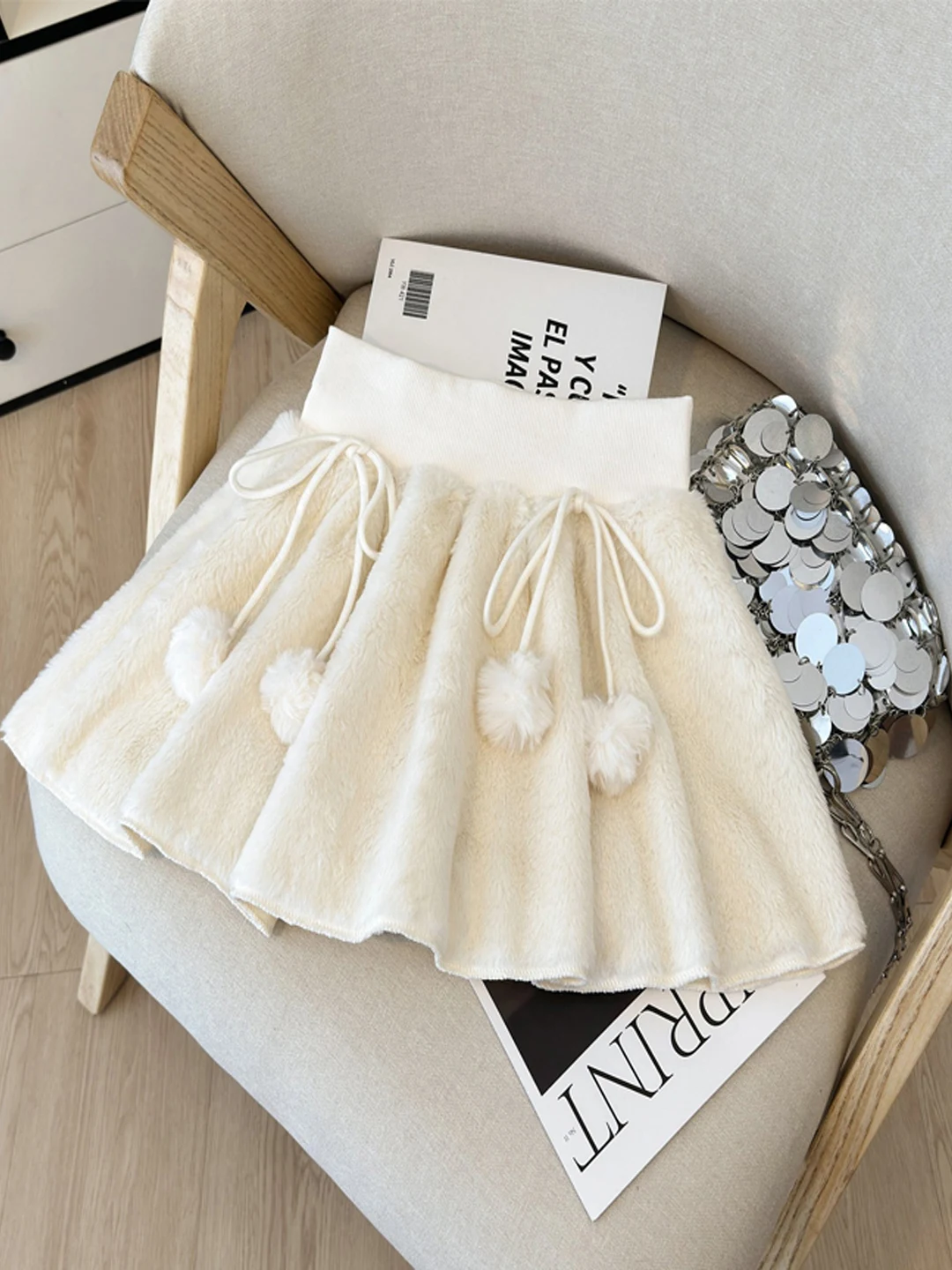 White Fluffy A-Line  Skirt with  Knot High Waist Slimming Autumn Winter Sweet Anti-Aging Versatile Women's Skirt