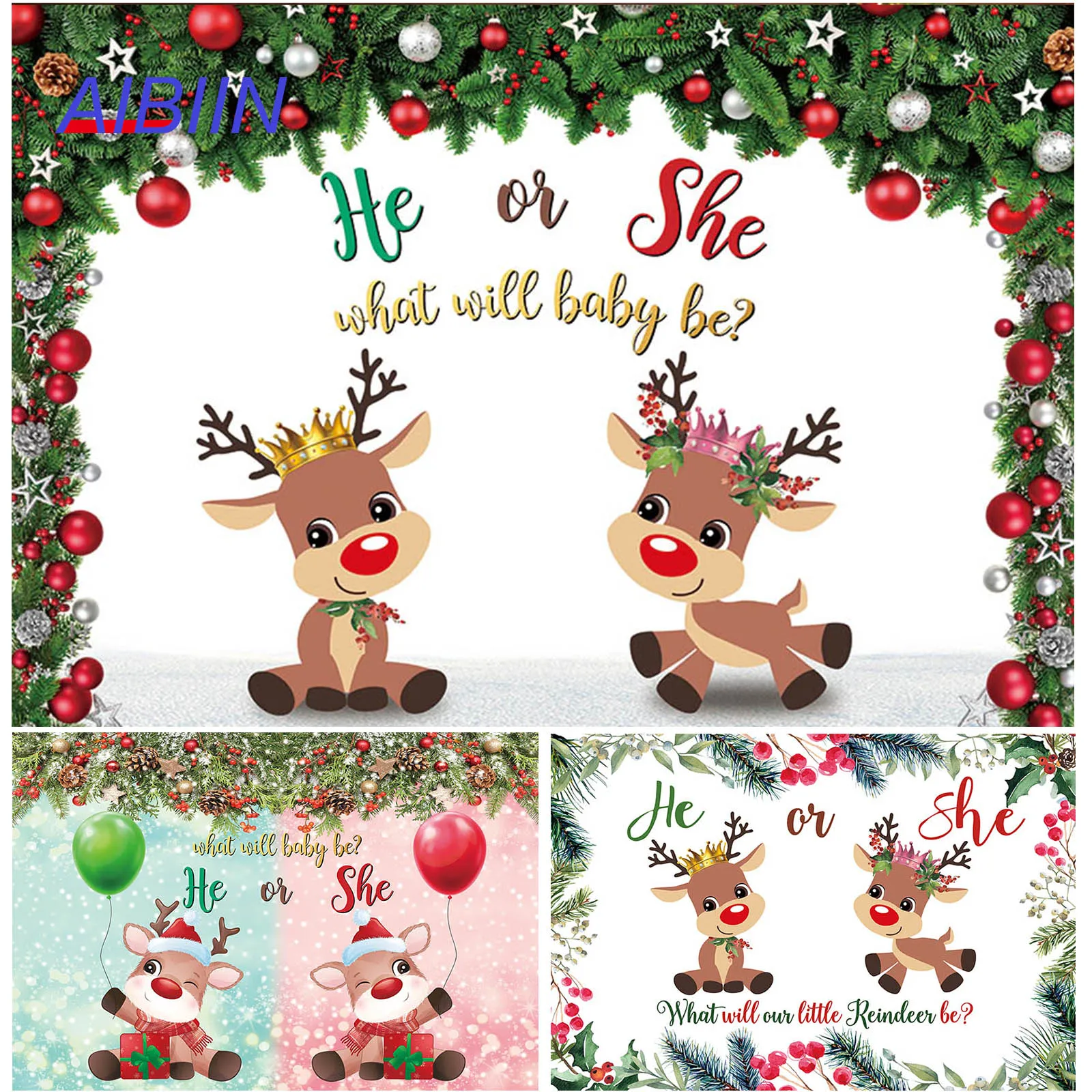 AIBIIN Deer Gender Reveal Backdrop Winter Xmas Baby Shower Photography Background He or She Boy or Girl Newborn Baby Party Decor