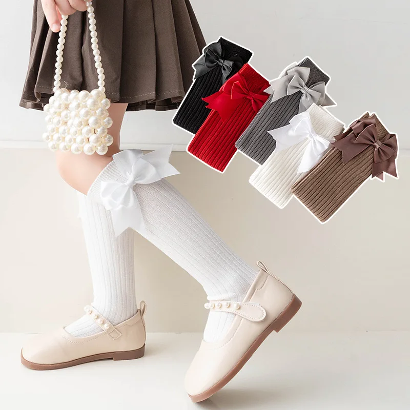 

1 Pairs Girls Knee High Sock Spring Summer Baby Kids Toddlers Long Cotton Socks Students Large Bow Childrens Lolita Style Socks