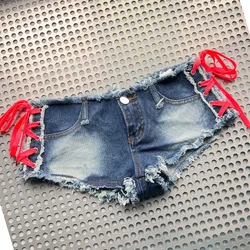 2023 Women Sexy Split Denim Shorts Side Bandage Ultra-low Rise Jeans Shorts Nightclub Pole Dancing Hot Pants