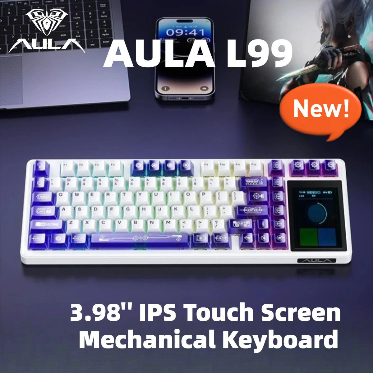 

AULA L99 Gaming Keyboard with 3.98'' IPS Touch Screen Thri-mode 8000mAh Long Endurance Low Noise Gasket Wireless Custom Keyboard
