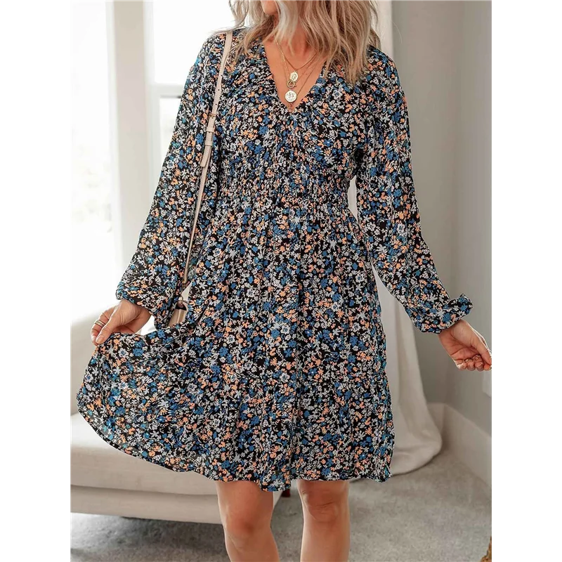 FX-Fall Dresses For Women Boho Floral V Neck Long Sleeve Smocked Elastic Waist Casual A-Line Mini Dress Sundress