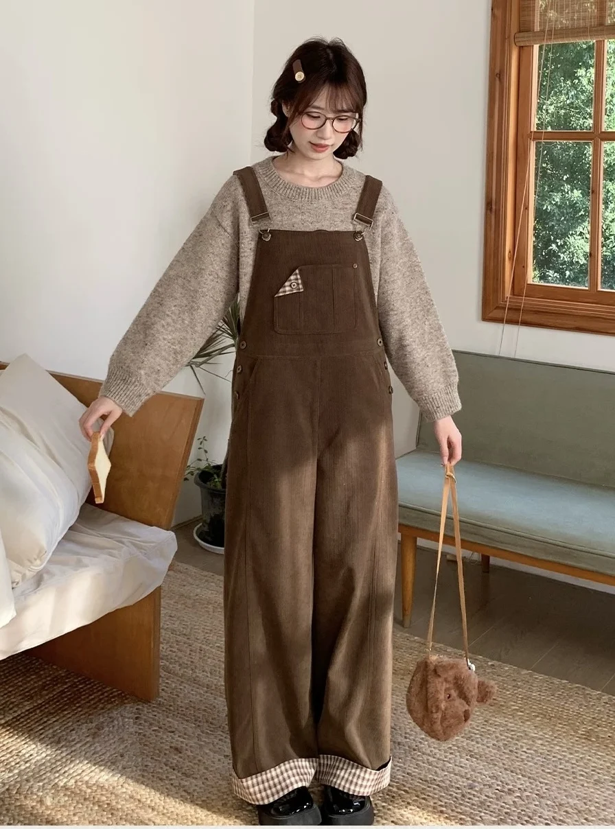 Caramel Corduroy Overalls Women's Autumn 2025 New Sle Cute Vintage Loose Straight Leg Jumpsuit High Waist Button Closure