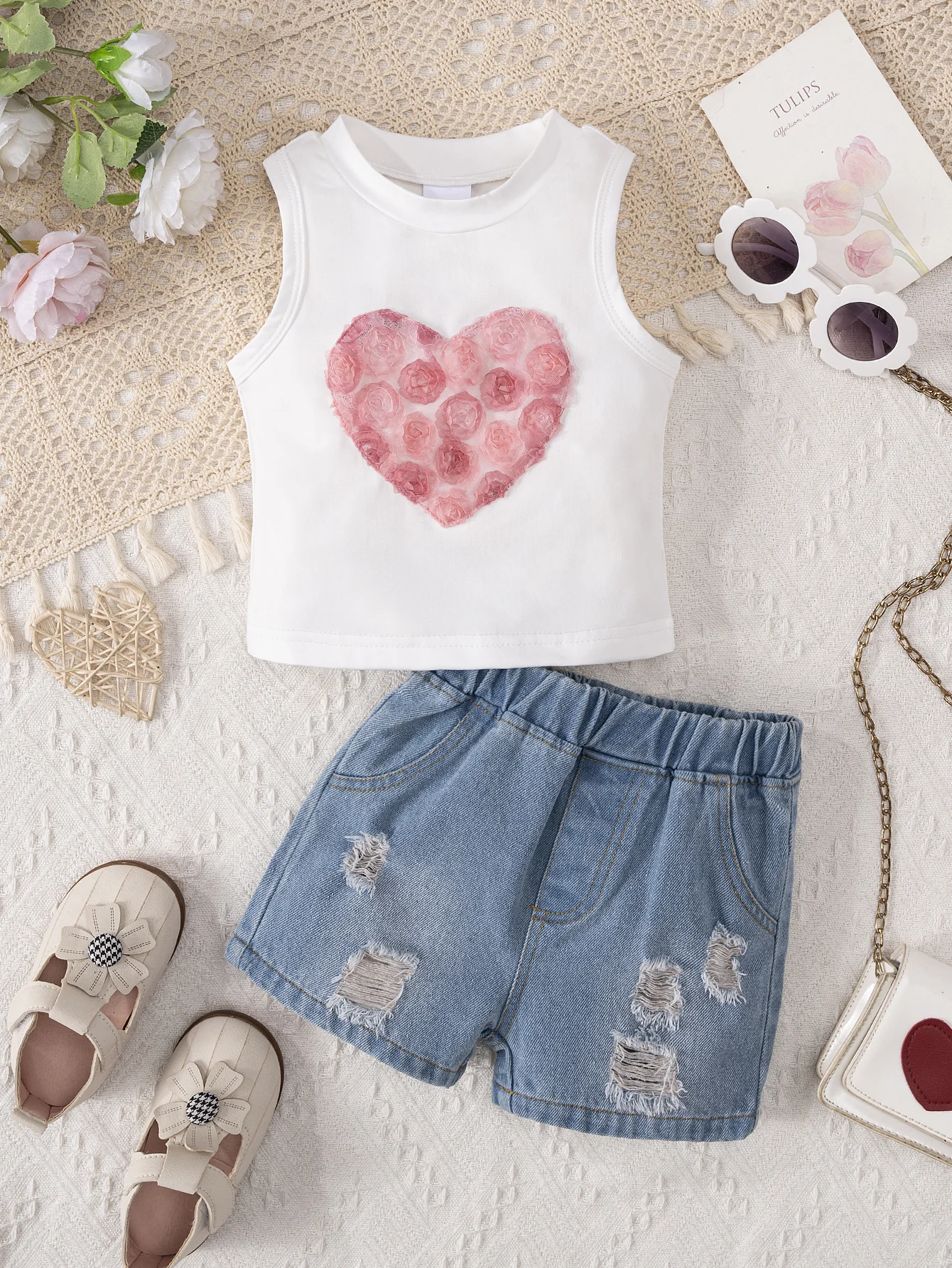 2PCS Summer Girls Set Round Neck Love Flower Pattern Top Casual Denim Shorts Fashion Infant Toddler