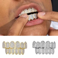 Hip Hop Full Iced Out Teeth Grillz Caps Bling Cubic Zircon Micro Pave Top & Bottom Charm Grills Set For Men Women Jewelry