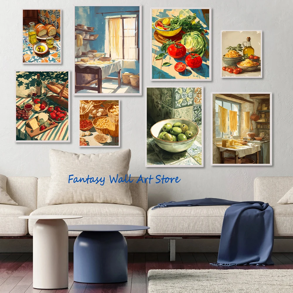 Póster de ilustración de pasta culinaria rústica italiana, cocina mediterránea, verduras, pintura en lienzo, imágenes de pared, decoración del hogar