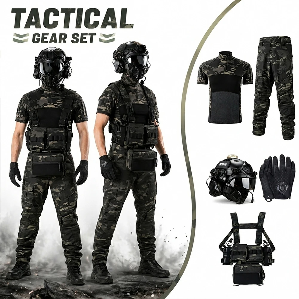 Tactical Camouflage Combat Suit with Full Set Fast Helmet Chest Rig, Complete Uniform Gear for CS Wargame Hunting Training