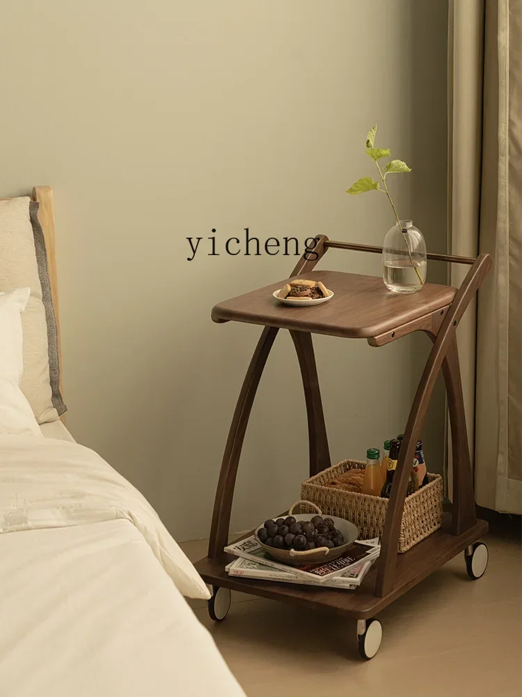 

TQH solid wood sofa edge table movable trolley living room coffee table light luxury high sense