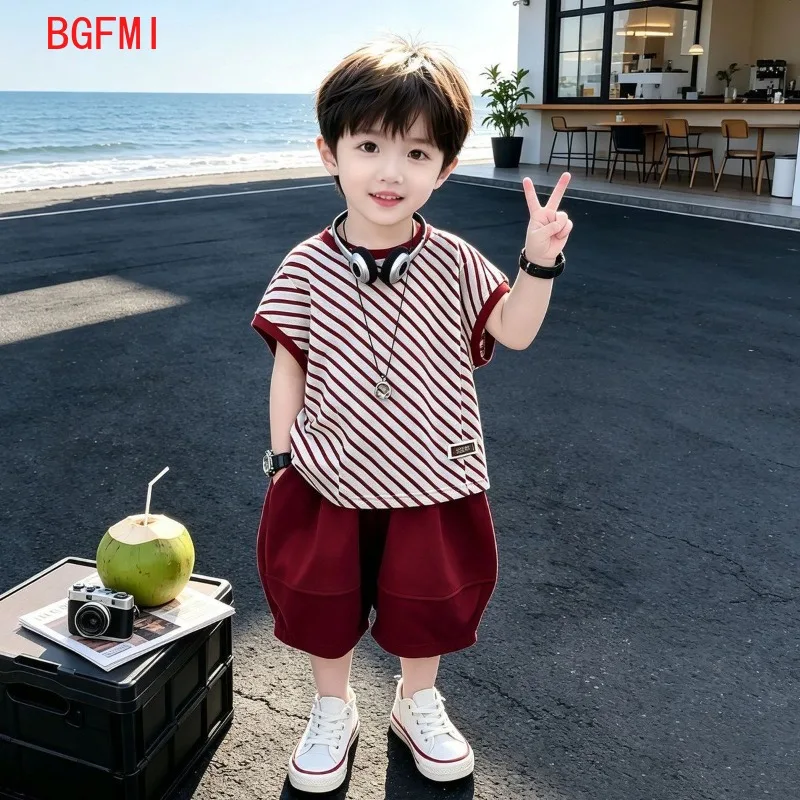 

2-11Y Big Boys' Summer Short Sleeved Set 2026 New Baby Girl Fashion Striped Top+Shorts Children's Summer Sportswear 2pcs Set