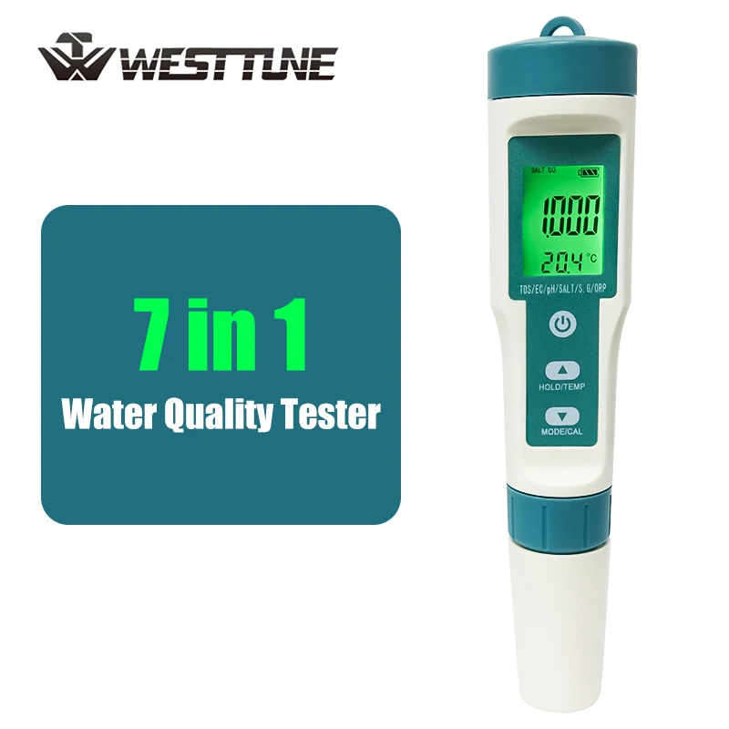 WESTTUNE 7-in-1 Digital Water Quality Tester PH/Cl₂/TDS/EC/Hardness/Salt/Temp Multifunction Monitor Tester for Aquariums Pools