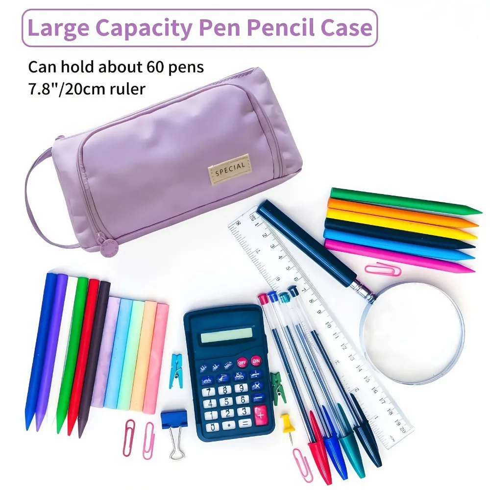 Portable Pencil Case Large Capacity Solid Color Stationery Pouch with Handle Multilayer Pen Box School Office Supplies