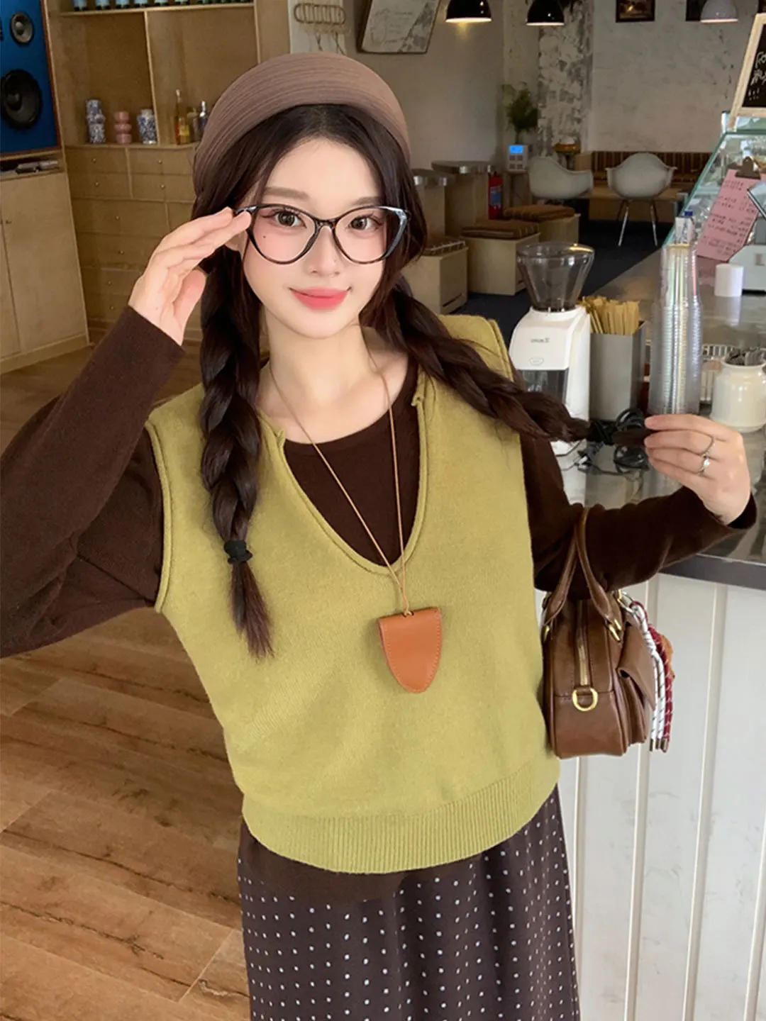 

Осенне-зимний комплект: вязаный жилет и брюки больших размеров, многослойная одежда, высокая талия, в горошек, модный ансамбль для женщин